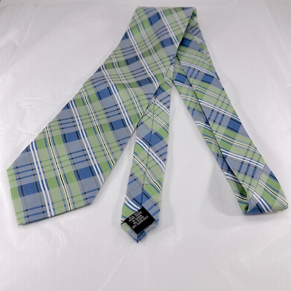Stafford Essentials - Thick & Thin Green Blue Stripe Men’s Silk Necktie ⭐️ EUC